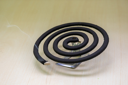 Burning mosquito repellent coil on a wooden background. The coil's active ingredient evaporates with the smoke, which helps to repel or kill mosquitoes.