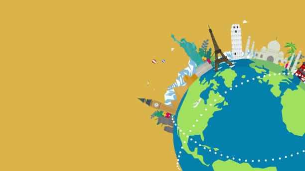 illustrations, cliparts, dessins animés et icônes de modèle d’arrière-plan d’annonce de voyage décoré de sites du patrimoine mondial et de terre (jaune) - tour du monde