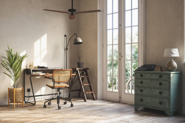 Retro Living Room With Study Table, Floor Lamp, Drawer, Typescript And Potted Plant