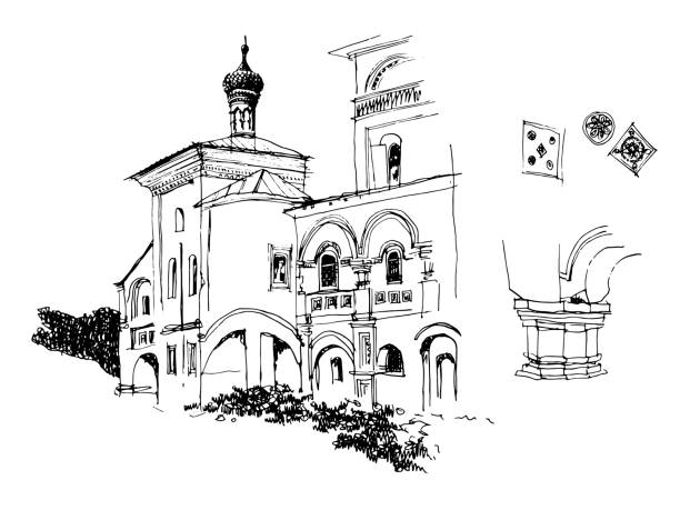 Vector traced hand drawn sketch with architectural details, Church from17th century in the city of Yaroslavl, Russia