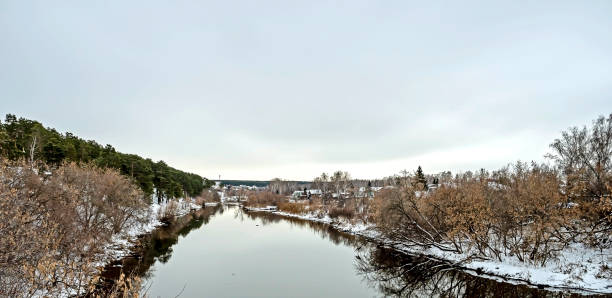 panoramic view of pine trees growing on the steep bank of the Miass River in winter, snow-capped hills, forest, countryside, Chelyabinsk