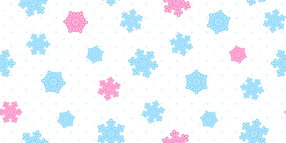 Blue and pink snowflakes on a white background with light blue polka dots. New Year endless texture. Vector seamless pattern for festive design, Christmas wallpaper, banner, cover, wrapping paper, giftwrap, surface texture and printing on clothes