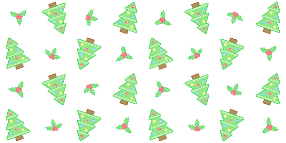 Christmas trees, mistletoe and Christmas Holly berries on a white background. New Year endless texture. Vector seamless pattern for festive design, banner, wrapping paper, giftwrap, surface texture, printing on clothes, bags and other fashion products