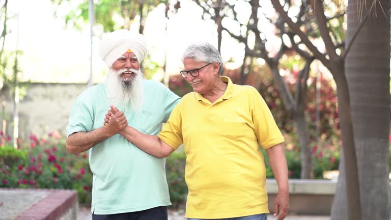 Retirement, Two happy senior indian male friends morning walk outdoor in summer park, Fitness, Healthy lifestyle. Relax, Wellness, Retired old people,