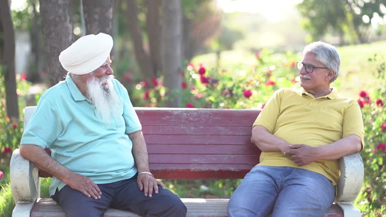 Retirement, Two happy senior indian male friends sitting relaxing talking laughing outdoor in summer park, Wellness, Retired old people lifestyle, Friendship and bonding.
