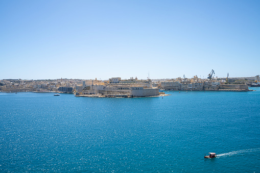 Valletta, Malta, April 03, 2024. Panoramic view of the grand harbor from Barrakka Upper Gardens\nin the city center