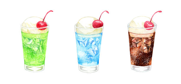 Set of soda float. Hand drawn watercolor illustration of a drink.