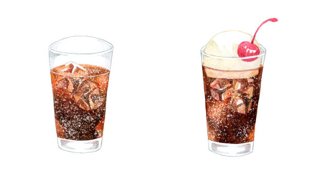 Set of cola and cola float. Hand drawn watercolor illustration of a drink.
