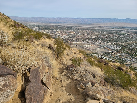 The trail traverses the foothills of the San Jacinto range with views of downtown Palm Springs and Coachella Valley
