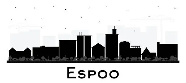 Vector illustration of Espoo Finland city skyline silhouette with black buildings isolated on white. Espoo cityscape with landmarks. Business and tourism concept with modern and historic architecture.