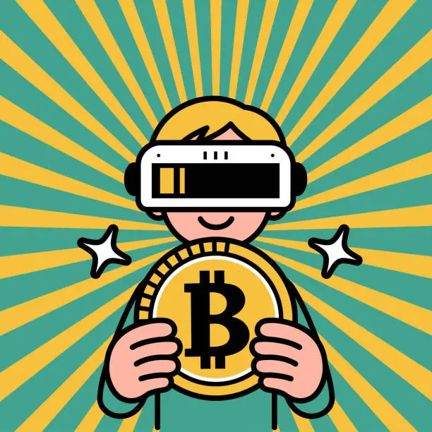 Vector illustration of A boy wearing a virtual reality headset or VR glasses enters the metaverse and holds a big coin of money