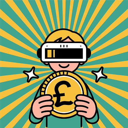 Future Style Characters Designs Vector Art Illustration.
A boy wearing a virtual reality headset or VR glasses enters the metaverse and holds a big coin of money.