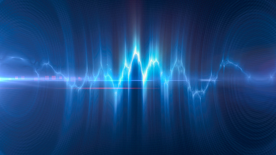 Blue energy glowing magical musical dancing equalizer made from waves and electric charges lightning high-tech digital lines and energy particles. Abstract background.