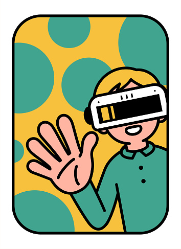 Future Style Characters Designs Vector Art Illustration.
A boy wearing a virtual reality headset or VR glasses enters the metaverse and greets the viewer through the arc window or door.