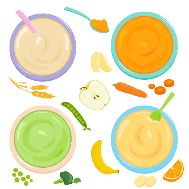 Vector illustration of Bowls of baby and toddler food. Cereal, fruit and vegetable puree. Top view. Vector illustration collection
