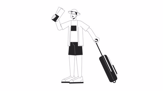 Traveler with airline tickets carrying baggage bw outline cartoon animation