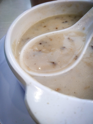 Penang, Malaysia 

Close up of mushroom soup in a plastic bowl. On its surface is a plastic spoon.