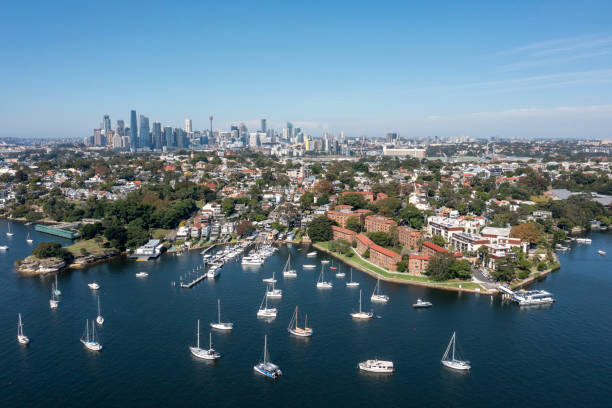 Sydney suburb of Balmain, and the city skyline and Parramatta River.