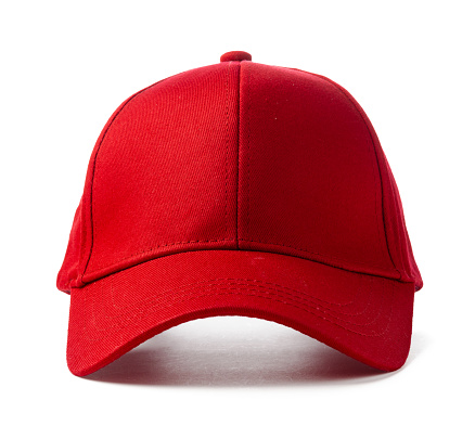 A red baseball cap is positioned on a plain white background. The cap is the focal point, showcasing its vibrant color against the stark white backdrop.
