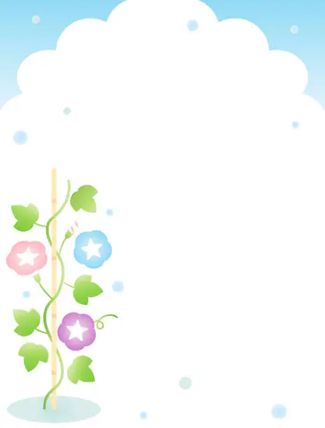 Vector illustration of Card with illustration of blue sky, clouds and morning glory