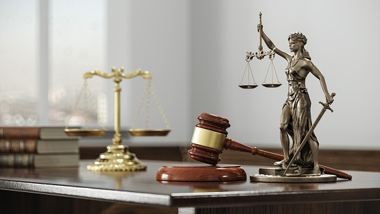 Law Legal System Justice Crime concept. Libra, Femida and Gavel.