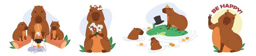 Cute capybara water wild animal characters different activities set. Funny family enjoying camping at open fire, pretty mammal gathering flower, giving concert, wishing be happy vector illustration