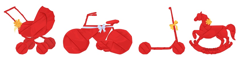 Wrapped red presents for children nursery, baby shower set vector illustration. Stroller, bicycle, kick scooter, rocking horse toys gifts