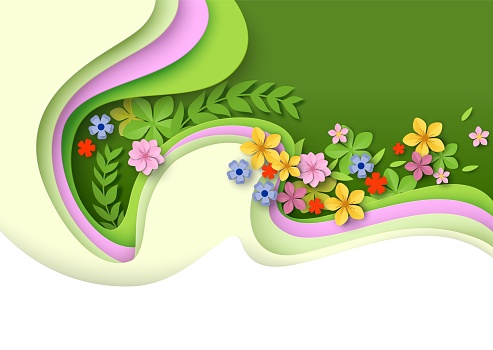 Spring summer papercut background with origami flowers and leaves vector illustration. Springtime greeting card, craft banner or vernal flyer with blossoms and natural foliage
