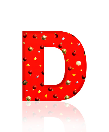 Close-up of three-dimensional Christmas ornament alphabet, red letter D on white background.
