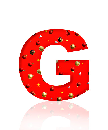 Close-up of three-dimensional Christmas ornament alphabet, red letter G on white background.