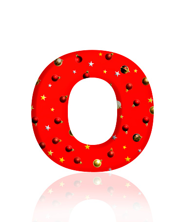 Close-up of three-dimensional Christmas ornament alphabet, red letter O on white background.