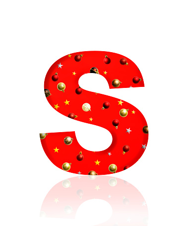 Close-up of three-dimensional Christmas ornament alphabet, red letter S on white background.