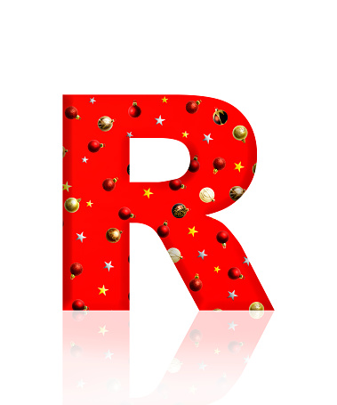 Close-up of three-dimensional Christmas ornament alphabet, red letter R on white background.