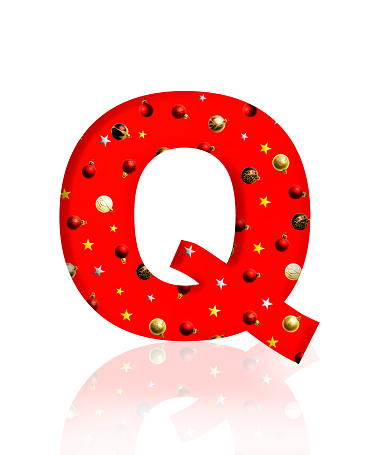 Close-up of three-dimensional Christmas ornament alphabet, red letter Q on white background.