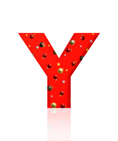Close-up of three-dimensional Christmas ornament alphabet, red letter Y on white background.