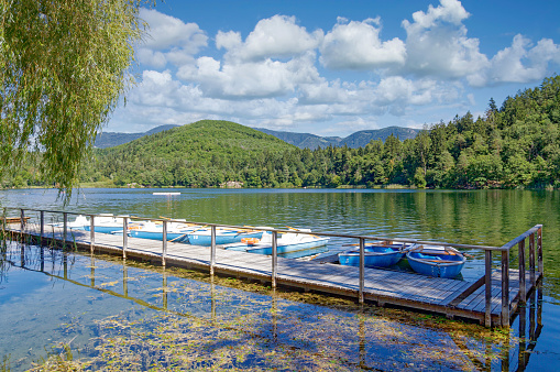 large Lake Montiggler resp. Lago di Monticolo close to Eppan(Appiano) and Kaltern an der Weinstrasse,South Tyrol,Italy