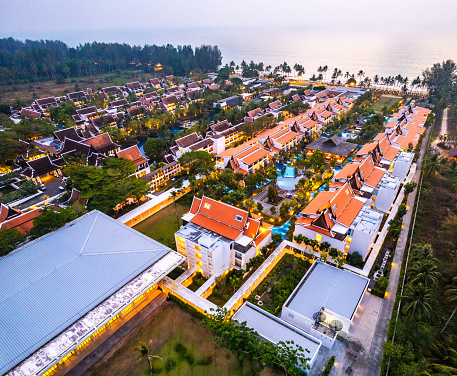Aerial view of luxry hotel in Khao Lak beach in Phang Nga, Thailand, south east asia