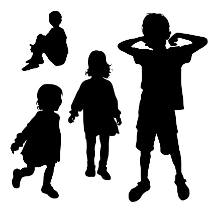 Vector silhouettes of children. Silhouette of a running little girl, an awakened boy. The child sits with his hands clasped around his knees.