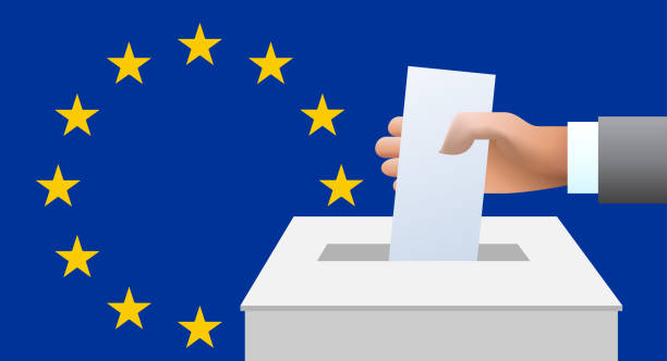 istock Man putting ballot in a box during elections in europe in front of flag. 2148794734