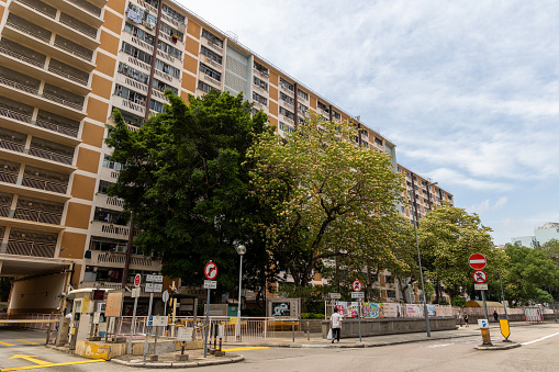 Hong Kong - April 16, 2024 : General view of the Ma Tau Wai Estate in Kowloon, Hong Kong. It is the oldest existing public housing estate in Kowloon City District. It consists of 5 residential blocks completed in 1962 and 1965.