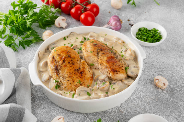 istock Roasted chicken breast with mushrooms in cream sauce on a white ceramic form on a gray concrete background. Comfort food. Top view. 2148795342