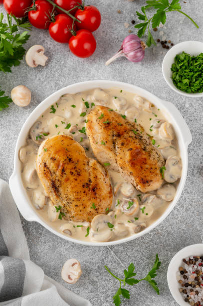 istock Roasted chicken breast with mushrooms in cream sauce on a white ceramic form on a gray concrete background. Comfort food. Top view. 2148795344