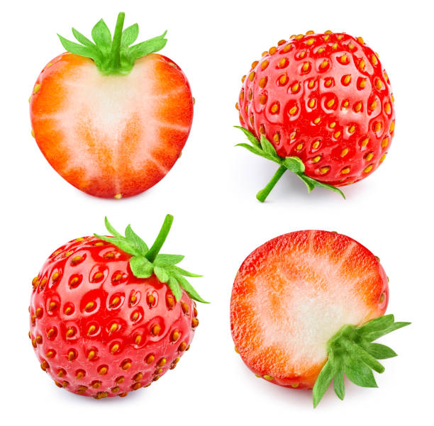 istock Red strawberry half isolated on white background 2148795393