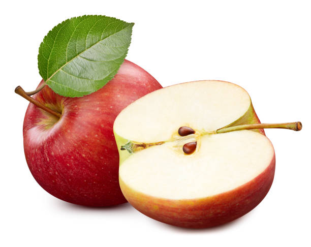 istock Apple fruit with apple slices and leaves isolated on white background 2148795473