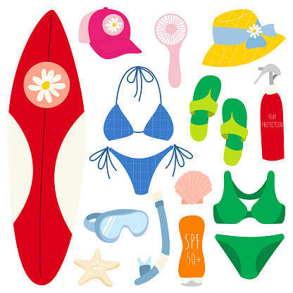 Set of summer elements, travel, beach, summertime accessory. Surfboard, swimsuit, panama hat, water bottle, sunscreen, flipflops, beach bag, cap, body cream,lifebuoy.