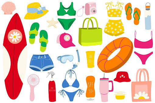 Set of summer elements, travel, beach, summertime accessory. Surfboard, swimsuit, panama hat, water bottle, sunscreen, flipflops, beach bag, cap, body cream,lifebuoy.