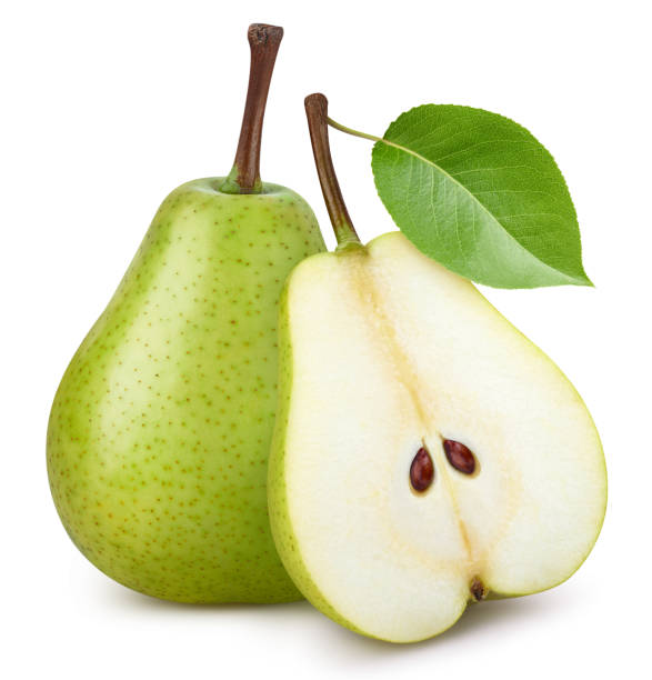 istock Ripe whole pear fruit with green leaf and half isolated 2148795497