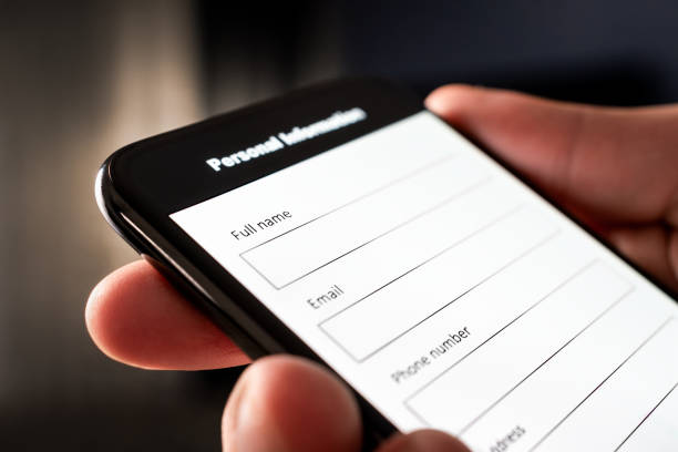Form and online register in phone. Data in mobile survey. Personal information in questionnaire or digital registration on website. Web application with smartphone. Info text in contract on internet.