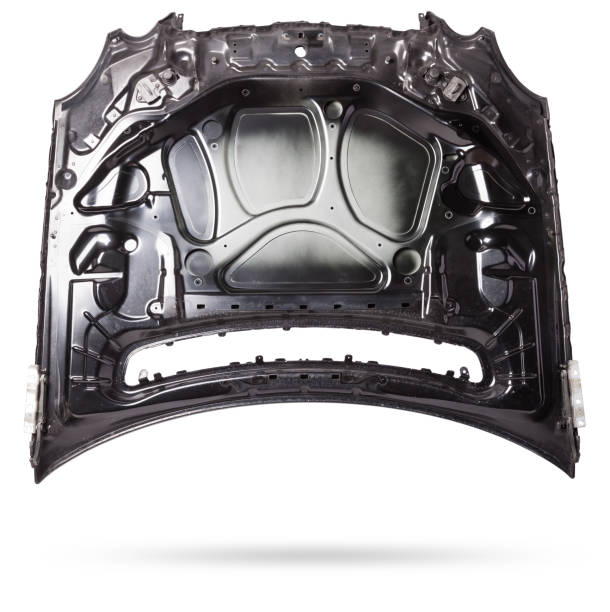 Black iron hood on an isolated background in a photo studio separately after staining and straightening. Bonnet in a car service for sale.