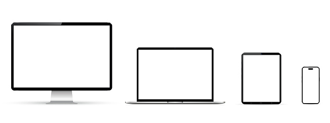 Cellphone, tablet, laptop and computer monitor with blank screen mockup. Vector illustration.
